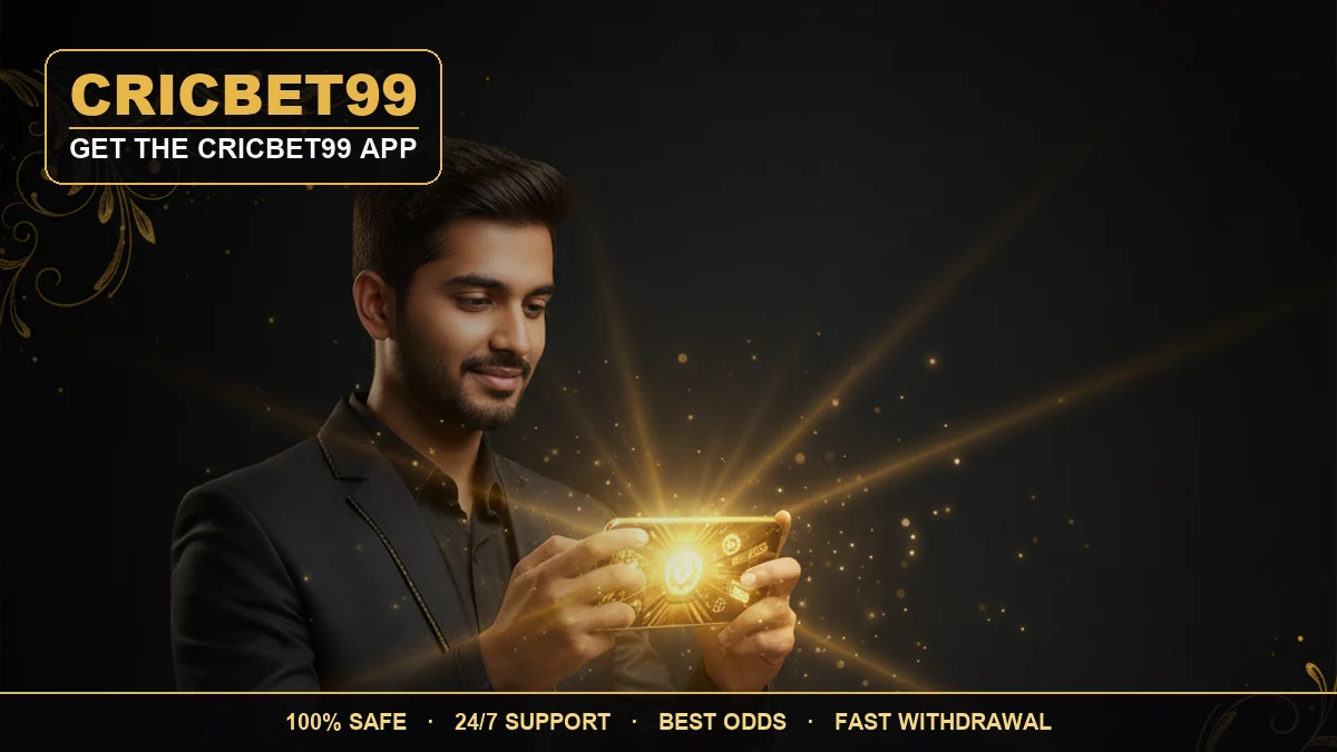 CricBet99 app — a young man holding a phone showing a glowing golden app on a black and gold background