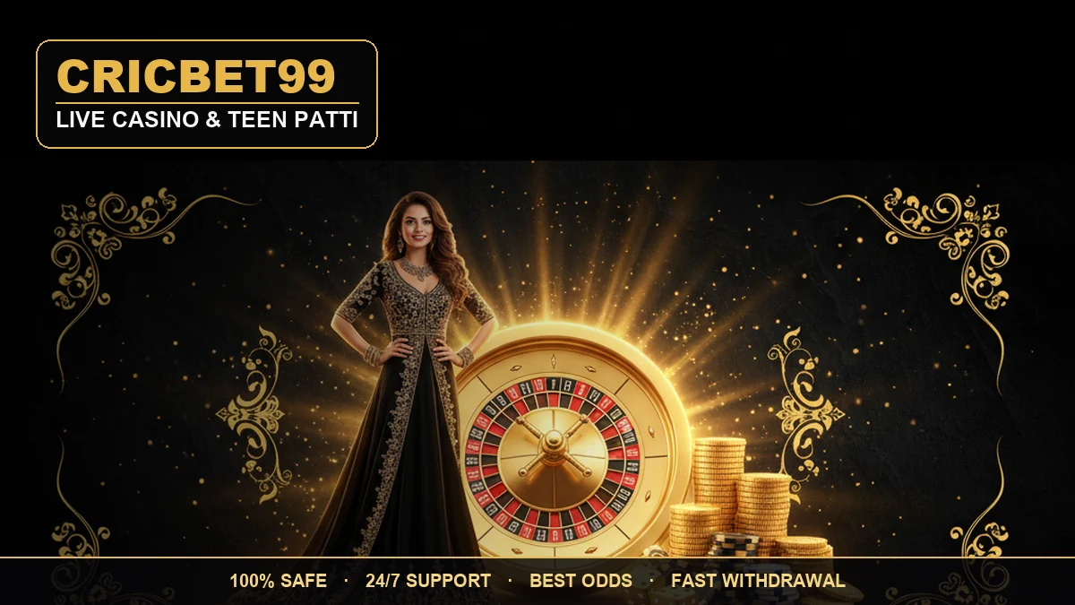 CricBet99 live casino — an elegant dealer beside a golden roulette wheel with gold coins on a black and gold background