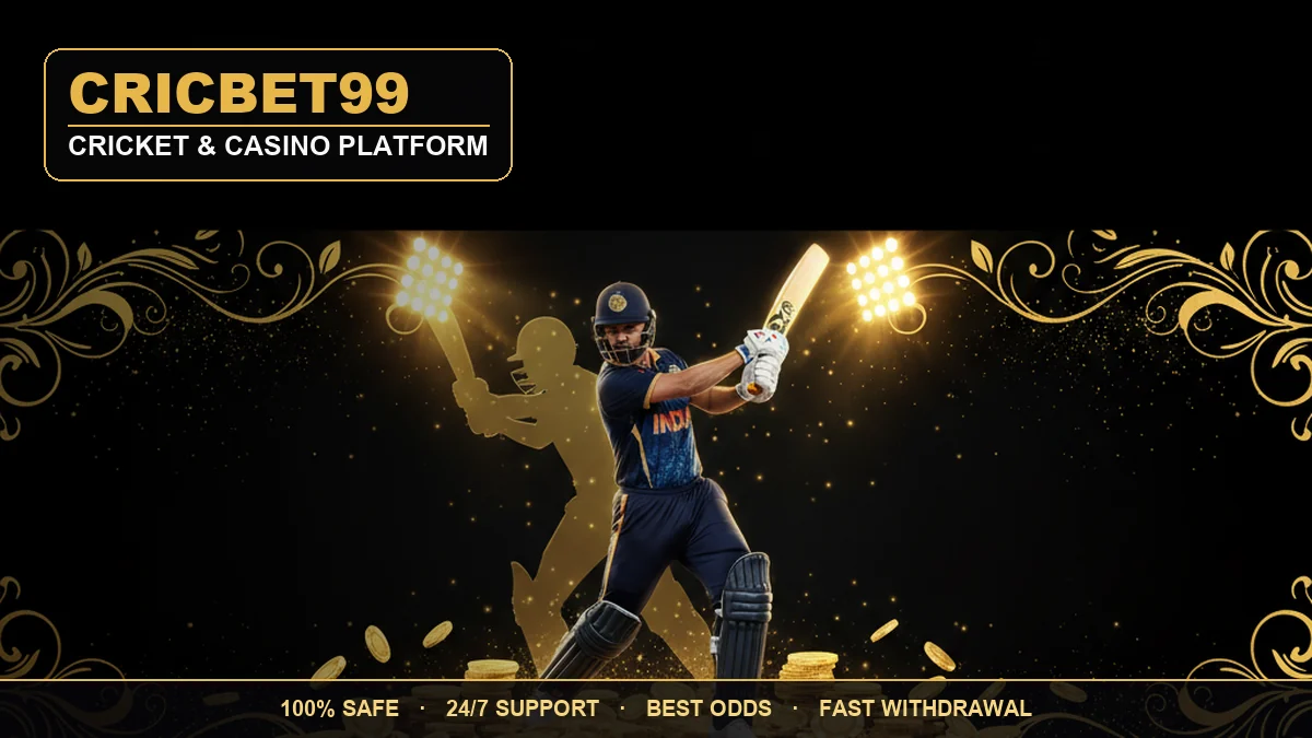 CricBet99 cricket and casino — an Indian cricketer playing a shot with a gold silhouette and casino elements on a black and gold background