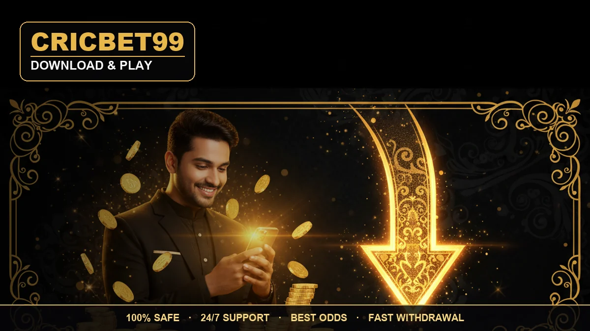CricBet99 download — a young man smiling at a phone with a golden download motif on a black and gold background
