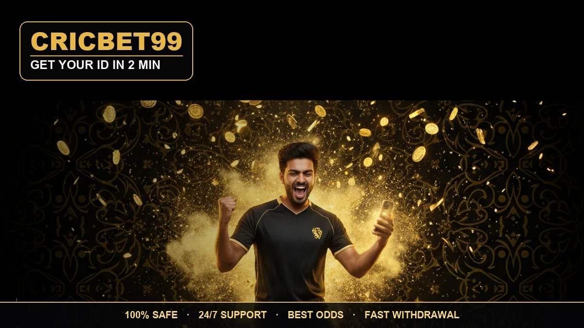 CricBet99 rewards — a celebrating player with gold coins on a black and gold premium background