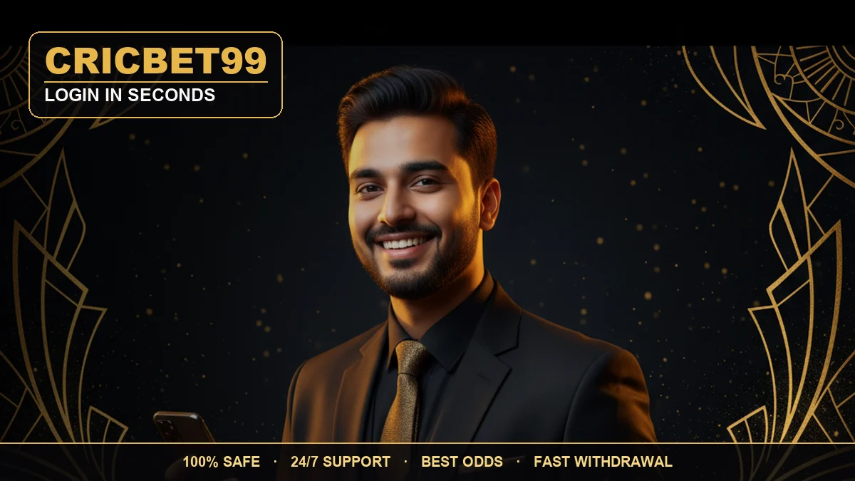 CricBet99 login — a happy man holding a phone on a black and gold premium background