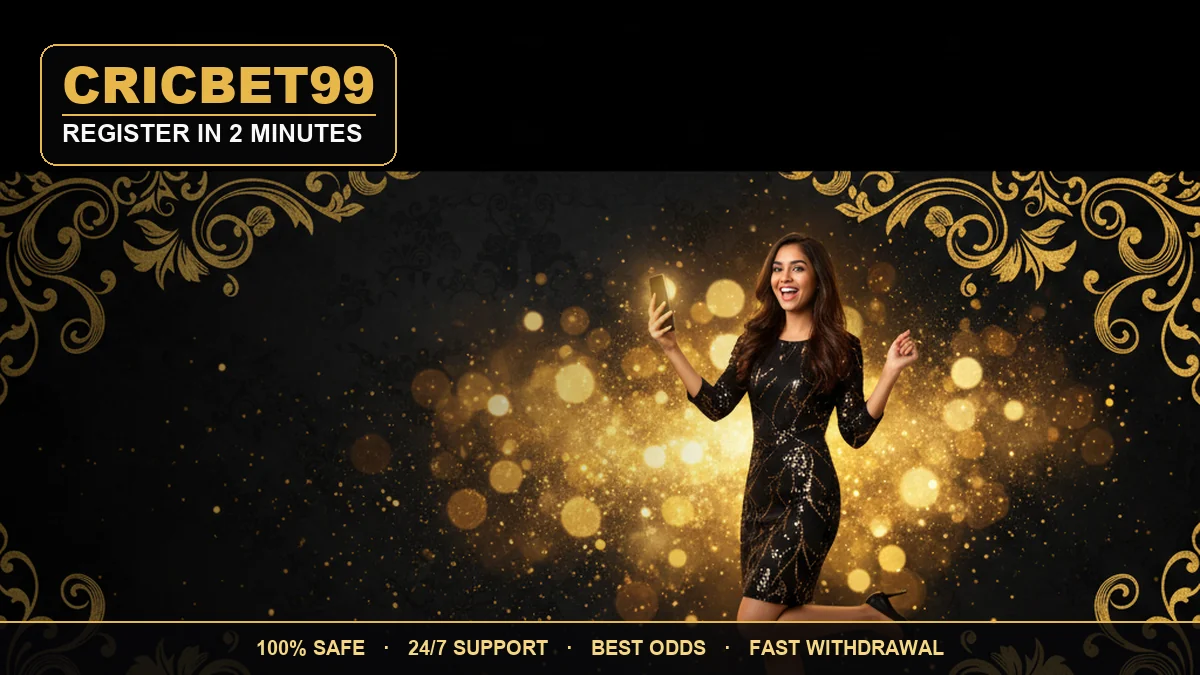 CricBet99 registration — a cheerful young woman holding a phone on a black and gold premium background
